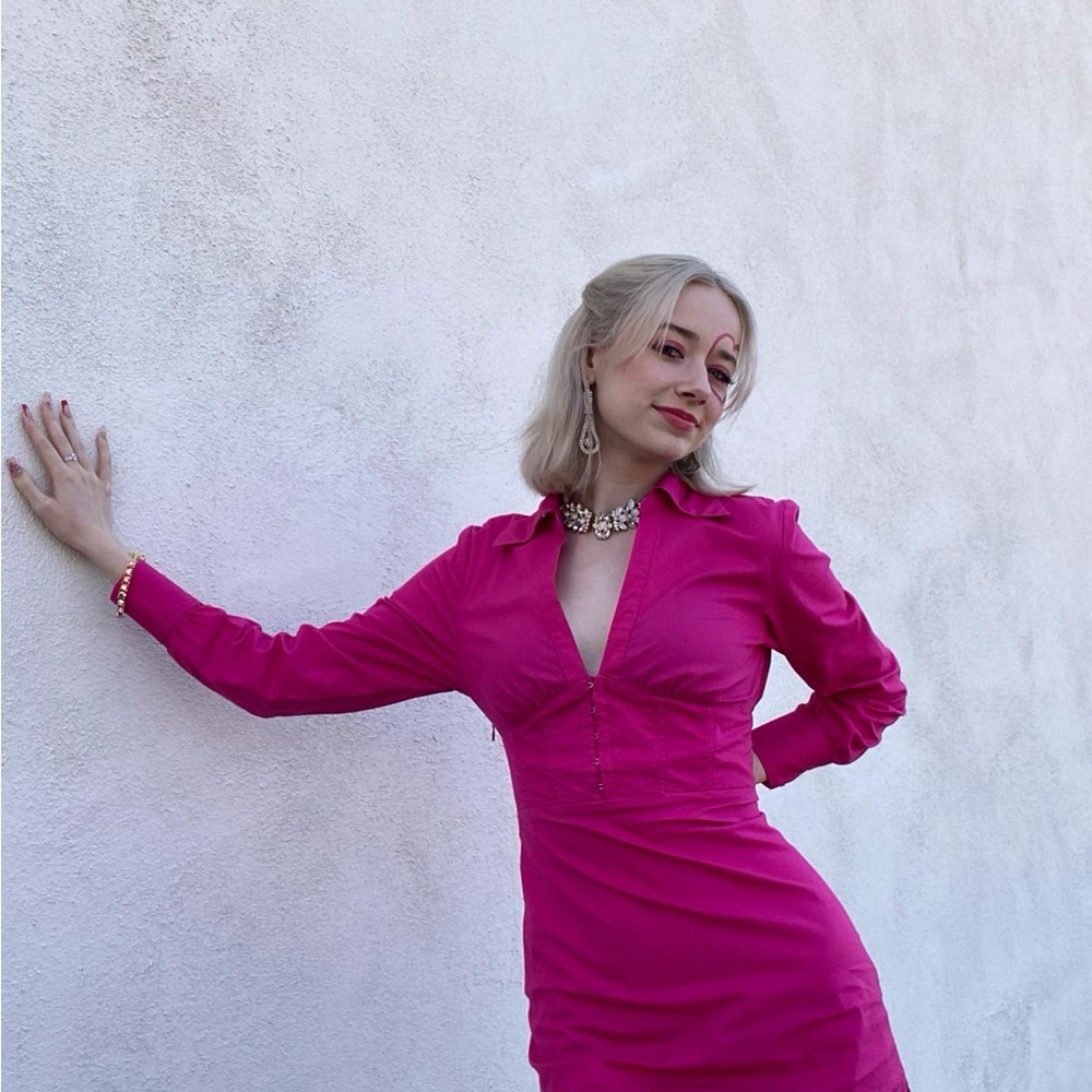 XS Urban Outfitters Fuchsia Long-Sleeve V-Neck Mini Dress